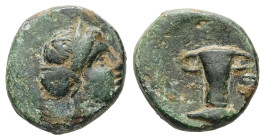 Kings of Thrace. Kersebleptes. Kypsela. Ae, 2.45 g 12.70 mm. Circa 359-342/1 BC. 
Obv: Female head right, wearing sphendone.
Rev: [K - E – P], Kotyle ...