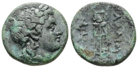 Kings of Thrace, Adaios, Ae, 8.52 g 21.78 mm. Circa 275-225 BC.
Obv:Kypsela, Laureate head of Apollo to right.
Rev. ΑΔΑΙΟΥ, Tripod; to left, unclear m...