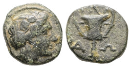 Thrace, Alopeconnesos, AE, 2.20 g. - 12.85 mm. Late fourth century BC.
Obv.: Head of Dionysos right.
Rev.: Α-Λ-Ω; Kantharos, symbol unseen.
Ref.: HGC ...