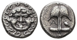 Thrace, Apollonia Pontika. AR Drachm, 3.30 g 14.21 mm. Circa 470-435 BC.
Obv: Facing gorgoneion.
Rev: Upright anchor; crayfish to right, A to left.
Re...