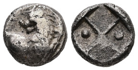 Thrace, Chersonesos. AR Hemidrachm, 2.49 g 11.70 mm. Circa 386-338 BC.
Obv: Forepart of lion right, head left.
Rev: Quadripartite incuse square, with ...