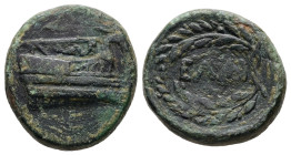 Thrace, Elaious. AE, 6.11 g 18.57 mm. Circa 4th-3rd centuries BC.
Obv: Prow of war galley right, acrostolium as stag's head.
Rev: EΛΑI within laurel w...