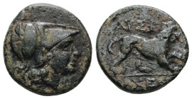 Thrace, Lysimacheia. Ae, 3.86 g 17.20 mm. Circa 309-220 BC. 
Obv: Head of Athena to right, wearing crested Corinthian helmet 
Rev: ΛYΣI-[M]AXE[ΩN]. Li...