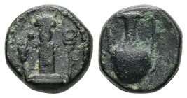 Thrace, Sestos. Ae, 1.84 g 10.80 mm. Circa 300 BC.
Obv: Facing herm between grain-ear and kerykeion.
Rev: [Σ – H]. Amphora.
Ref: SNG Copenhagen 932
Fi...