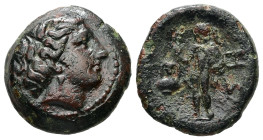 Thrace, Sestos. Ae, 4.85 g 17.67 mm. Early 3rd century BC.
Obv: Head of Persephone right, wearing grain wreath.
Rev: ΣΗ. Hermes standing left, holding...