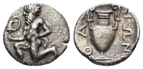 Thrace, Thasos. AR Obol, 0.70 g 12.23 mm. 450-425 BC. 
Obv: Satyr kneeling left, holding kantharos with right hand 
Rev: ΘAΣIΩN, amphora. 
Ref: McClea...