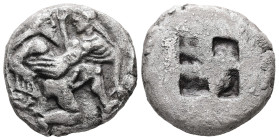 Thrace. Thasos. AR Stater, 8.15 g 22.59 mm. Circa 480-463 BC.
Obv: Ithyphallic satyr advancing right, carrying off protesting nymph.
Rev: Quadripartit...