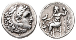 Kings of Macedon, Alexander III 'the Great', AR Drachm, 4.20 g 17.23 mm. 336-323 BC. Sardes.
Obv: Head of Herakles right, wearing lion skin.
Rev: AΛEΞ...