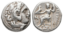 Kings of Macedon, Alexander III 'the Great'. AR Drachm, 4.26 g 15.88 mm. 336-323 BC. Kolophon.
Obv: Head of Herakles right, wearing lion skin.
Rev: AΛ...