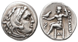 Kings of Macedon, Alexander III 'the Great'. AR Drachm, 4.26 g 18.17 mm. 336-323 BC. Lampsakos.
Obv: Head of Herakles right, wearing lion skin.
Rev: A...