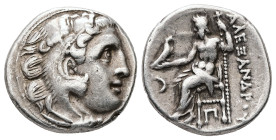 Kings of Macedon, Alexander III 'the Great'. AR Drachm, 4.30 g 17.25 mm. 336-323 BC. Kolophon.
Obv: Head of Herakles right, wearing lion skin.
Rev: AΛ...