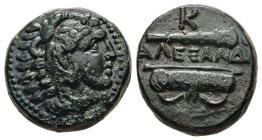 Kings of Macedon, Alexander III 'the Great', AE, 6.64 g 17.82 mm. 336-323 BC.
Obv: Head of Herakles right, wearing lion skin.
Rev: AΛEΞANΔPOY, Club an...