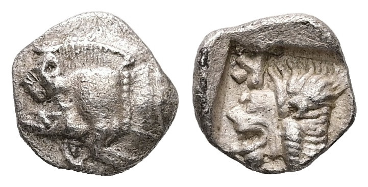 Mysia, Kyzikos. AR Hemiobol, 0.37 g 7.69 mm. Circa 525-475 BC.
Obv.: Forepart of...