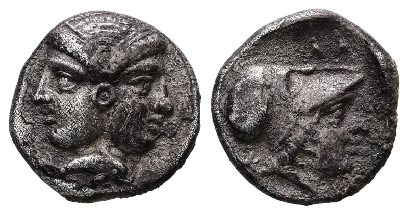 Mysia, Lampsakos. AR Diobol, 1.58 g 11.94 mm. 4th-3rd centuries BC.
Obv: Janifor...