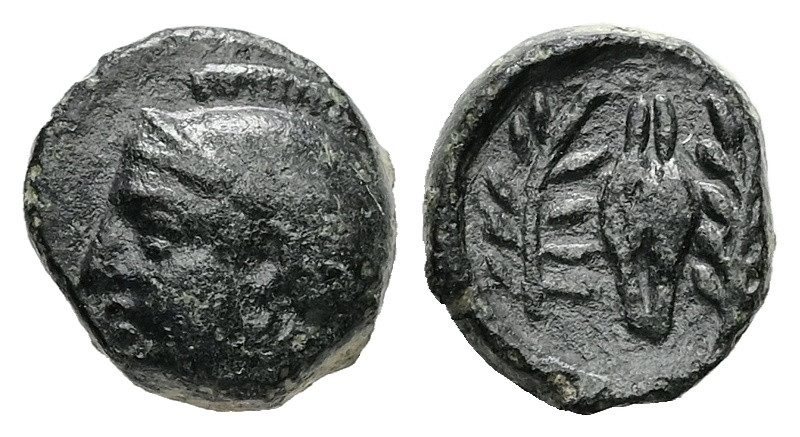 Aeolis, Elaia. Ae, 0.89 g 9.08 mm. Circa 340-300 BC.
Obv: Helmeted head of Athen...