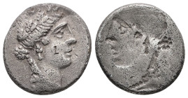 Roman Republic. AR, Denarius. 3.68 g. 16.98 mm. Rome? Obverse brockage.
Obv: Head of Bacchus, right; wearing wreath of ivy.
Rev: Brockage.
Ref: -.
Ver...