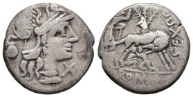 Sex. Pompeius Fostlus, 137 BC. AR, Denarius. 3.72 g. 19.57 mm. Rome.
Obv: Helmeted head of Roma, right; capis to left.
Rev: She-wolf, right, suckling ...