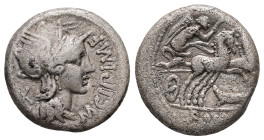 M. Cipius M.f, 115-114 BC. AR, Denarius. 3.68 g. 16.12 mm. Rome.
Obv: M·CIPI·M·F. Helmeted head of Roma, right. 
Rev: ROMA. Victory in biga, right, ho...