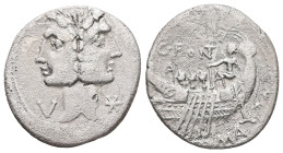 C. Fonteius, 114-113 BC. AR, Denarius. 3.67 g. 19.80 mm. Rome.
Obv: Laureate, Janiform head of Dioscuri; to lower left, V•; to lower right, ✱.
Rev: C•...