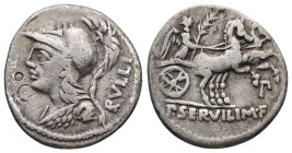 P. Servilius M.f. Rullus, 100 BC. AR, Denarius. 3.75 g. 19.47 mm. Rome.
Obv: RVLLI. Bust of Minerva, left, wearing Corinthian helmet and aegis. 
Rev: ...