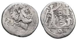 T. Cloelius, 98 BC. AR, Quinarius. 1.43 g. 16.16 mm. Rome.
Obv: Laureate head of Jupiter, right.
Rev: T·CLOVLI. Victory, right, crowning trophy, besid...