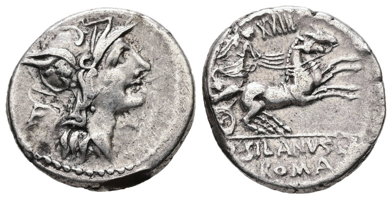 D. Silanus L.F., 91 BC. AR, Denarius. 3.83 g. 18.22 mm. Rome.
Obv: Helmeted head...