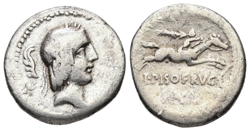 L. Calpurnius Piso Frugi, 90 BC. AR, Denarius. 3.60 g. 19.16 mm. Rome.
Obv: Laur...