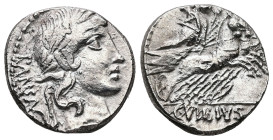 C. Vibius C.f. Pansa, 90 BC. AR, Denarius. 3.84 g. 16.73 mm. Rome.
Obv: PANSA. Laureate head of Apollo, right.
Rev: C VIBIVS C F. Minerva in quadriga,...