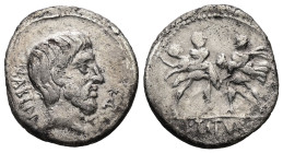 L. Titurius L.f. Sabinus. 89 BC. AR, Denarius. 3.70 g. 18.81 mm. Rome.
Obv: SABIN. Bearded head of King Tatius, right.
Rev: L·TITVRI. Two soldiers lef...