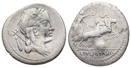 L. Julius Bursio. 85 BC. AR, Denarius. 3.53 g. 21.02 mm. Rome.
Obv: Laureate, draped and winged bust of Apollo Vejovis right; trident and club to left...