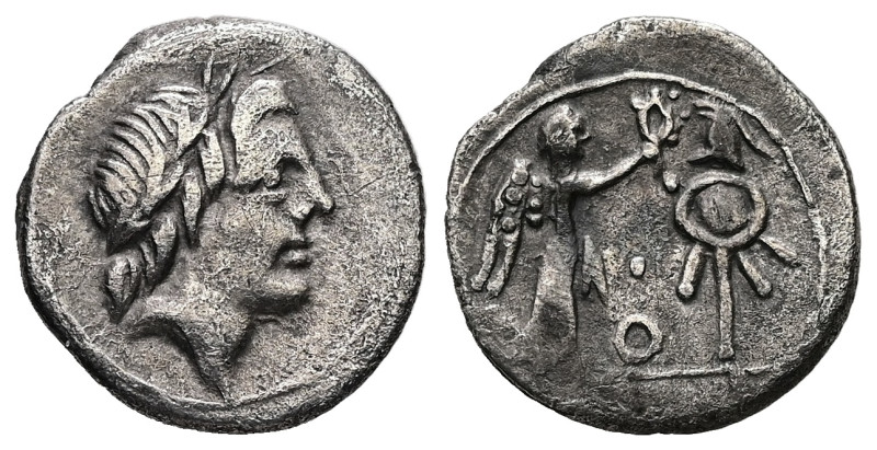 Anonymous. 81 BC. AR, Quinarius. 1.71 g. 14.56 mm. Rome.
Obv: Laureate head of A...