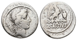 Q. Cassius Longinus, 55 BC. AR, Denarius. 3.48 g. 18.57 mm. Rome.
Obv: Head of Genius Populi Romani, right, with sceptre over shoulder. 
Rev: Q·CASSIV...
