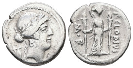 P. Clodius M.f. Turrinus, 42 BC. AR, Denarius. 3.79 g. 18.64 mm. Rome.
Obv: Laureate head of Apollo right; lyre to left.
Rev: P·CLODIVS M F. Diana sta...