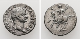 Domitian as Caesar, AD 69-81. AR, Denarius. 2.83 g. 18.25 mm. Rome.
Obv: CAES AVG F DOMIT COS II. Laureate head of Domitian, right.
Rev: Domitian, l...