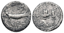 The Triumvirs. Mark Antony, Autumn 32-spring 31 BC. AR, Denarius. 3.50 g. 17.54 mm. Patrae(?) mint.
Obv: ANT·AVG III·VIR·R·P·C. Ship, right, with scep...