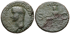 Caligula, AD 37-41. AE, As. 10.56 g. 29.34 mm. Rome.
Obv: [C CAESAR] AVG GERMANICVS PON M TR POT. Head of Caligula, bare, left.
Rev: VESTA S C. Vesta,...