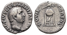 Vitellius, AD 69. AR, Denarius. 2.83 g. 18.66 mm. Rome.
Obv: [A V]ITELLIVS GERMAN IM[P TR P]. Head of Vitellius, laureate, right.
Rev: XV VIR SACR FAC...