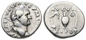 Vespasian, 69-79 AD. AR, Denarius. 3.21 g. 19.01 mm. Rome.
Obv: IMP CAES VESP AVG P M. Head of Vespasian, laureate, right.
Rev: AVGVR TRI POT. Simpulu...