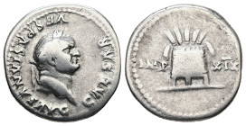Vespasian, AD 69-79. AR, Denarius. 3.28 g. 19.24 mm. Rome.
Obv: CAESAR VESPASIANVS AVG. Head of Vespasian, laureate, right.
Rev: IMP XIX. Modius stand...