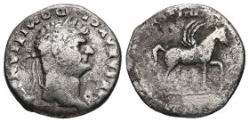 Domitian as Caesar, AD 69-81. AR, Denarius. 3.02 g. 18.01 mm. Rome.
Obv: CAESAR AVG F DOMITIANVS. Head of Domitian, laureate, right.
Rev: COS IIII. Pe...