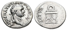 Domitian, AD 81-96. AR, Denarius. 3.17 g. 19.20 mm. Rome.
Obv: IMP CAES DOMITIAN AVG PONT. Head of Domitian, laureate, right.
Rev: [P P] COS VII [DES ...