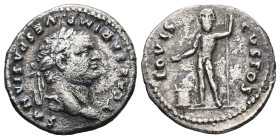 Titus as Caesar, AD 69-79. AR, Denarius. 3.14 g. 18.72 mm. Rome.
Obv: T CAESAR IMP VESPASIANVS. Head of Titus, laureate, right.
Rev: IOVIS CVSTOS. Jup...