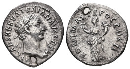 Trajan, AD 98-117. AR, Denarius. 2.95 g. 19.36 mm. February 98-autumn 99.
Obv: IMP CAES NERVA TRAIAN AVG GERM. Head of Trajan, laureate, right.
Rev: P...