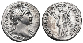 Trajan, AD 98-117. AR, Denarius. 3.21 g. 18.88 mm. Rome.
Obv: IMP TRAIANO AVG GER D[AC P M TR P]. Bust of Trajan, laureate, right, draped on left shou...