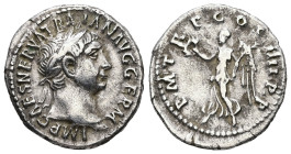 Trajan, 98-117 AD. AR, Denarius. 3.52 g. 18.72 mm. Rome.
Obv: IMP CAES NERVA TRAIAN AVG GERM. Head of Trajan, laureate, right.
Rev: P M TR P COS IIII ...