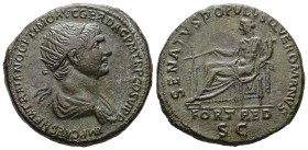 Trajan, AD 98-117. AE, Dupondius. 10.97 g. 27.37 mm. Rome.
Obv: IMP CAES NER TRAIANO OPTIMO AVG GER DAC P M TR P COS VI P P. Bust of Trajan, radiate a...