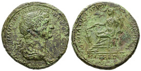 Trajan, AD 98-117. AE, Sestertius. 25.80 g. 33.87 mm. Rome.
Obv: IMP CAES NER TRAIANO OPTIMO AVG GER DAC P M TR P COS VI P P. Bust of Trajan, radiate ...