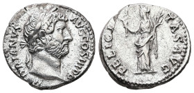 Hadrian, AD 117-138. AR, Denarius. 3.22 g. 17.47 mm. Rome.
Obv: HADRIANVS AVG COS III P P. Head of Hadrian, laureate, right.
Rev: FELICITAS AVG. Felic...