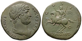 Hadrian, AD 117-138. AE, Sestertius. 22.78 g. 33.21 mm. Rome.
Obv: HADRIANVS AVGVSTVS. Head of Hadrian, laureate, right.
Rev: COS III, EXPED AVG, S C....