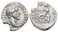 Antoninus Pius, AD 138-161. AR, Denarius. 3.13 g. 18.50 mm. Rome.
Obv: ANTONINVS AVG PIVS P P IMP II. Head of Antoninus Pius, laureate, right.
Rev: TR...